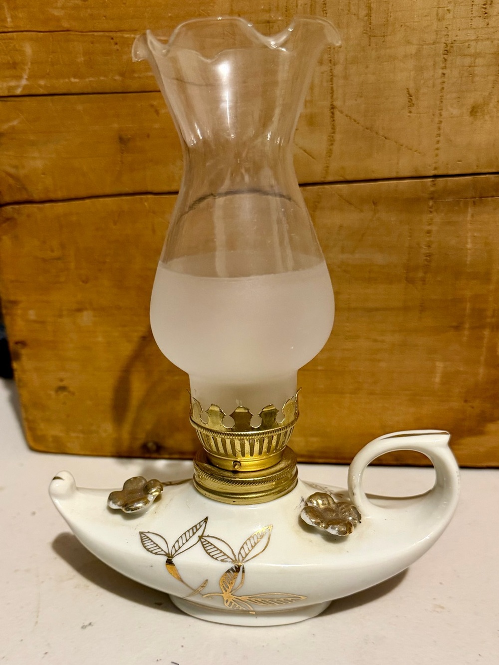 Porcelain Oil Lamp Buffet Gold Flower Aladdin Glass Chimney Vintage Japan